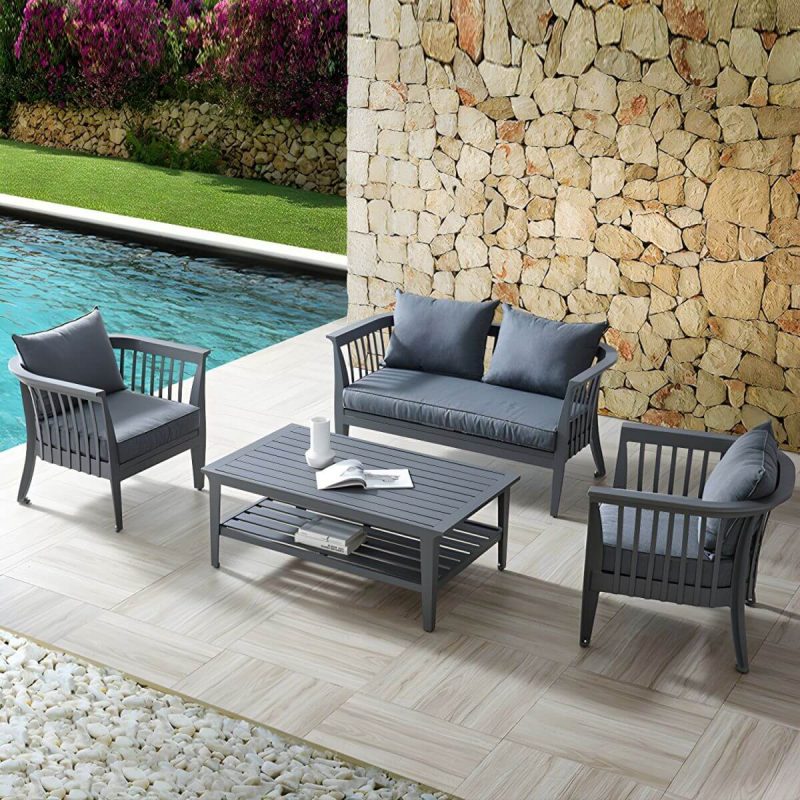 "Gray Modern Aluminum Sofa with Cushions Water Resistant for Outdoor - 1-Seater Sofa"