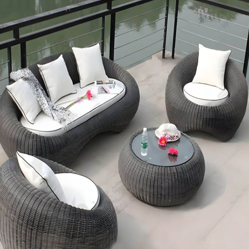 "Glass Coffee Table Included Courtyard Sofas Rattan Weaving Modern in Grey - 4-Piece Set(2 Chairs & 1 3-person Sofa & 1 Coffee Table)"