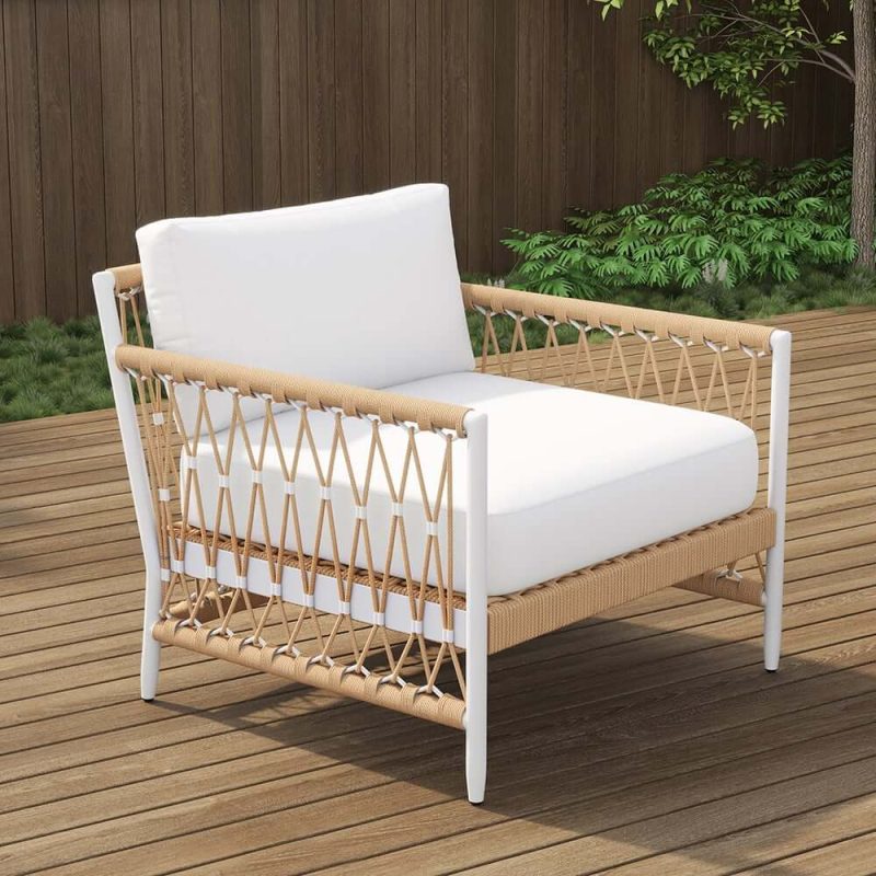"Ropipe Outdoor Armchair with Hand Woven Rope & White Polyester Cushion"