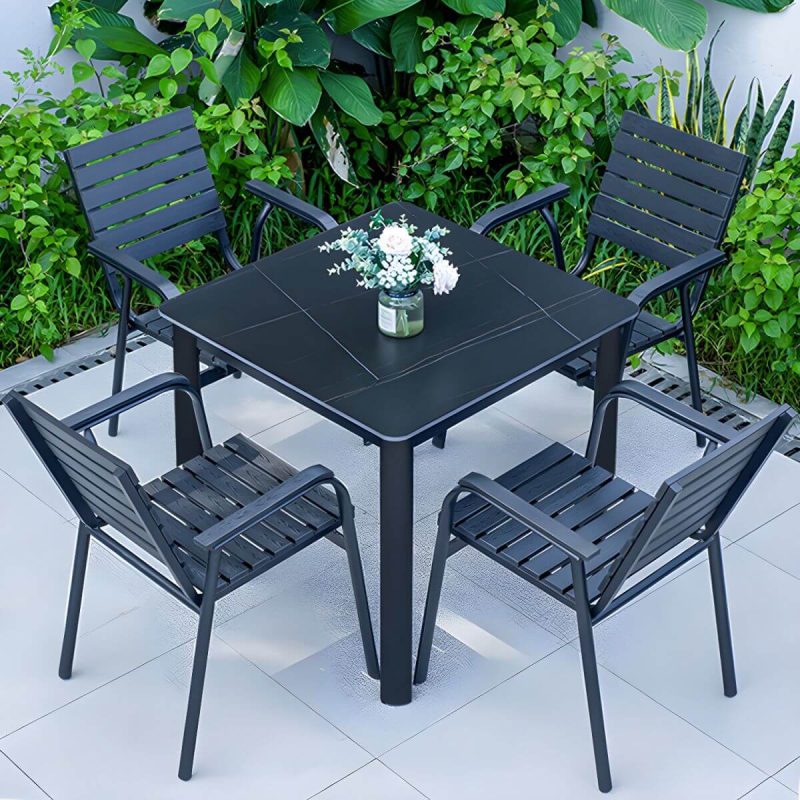 "Metal and Slate Patio Table Industrial Wind Room Outdoor Patio Dining Table - 27.6"L x 27.6"W x 29.5"H Table Only"