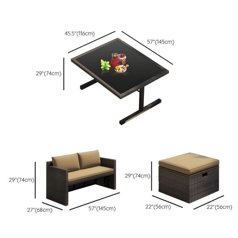 "Dimension of Modern UV Resistant White Patio Dining Set with Upholstered Chairs and Removable Cushions - Table & 2 Chairs & 4 Benches 57"L x 46"W x 29"H Glass Brown"