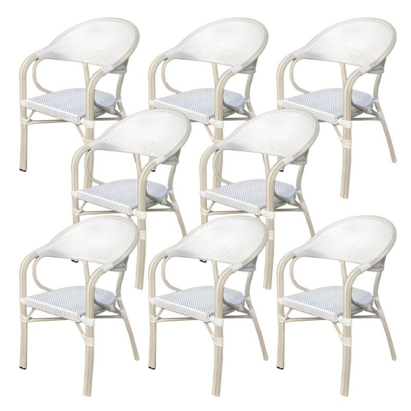 "Traditional Arm Cane Back Dining Chair Stackable for Outdoor - White 8 Piece Set"