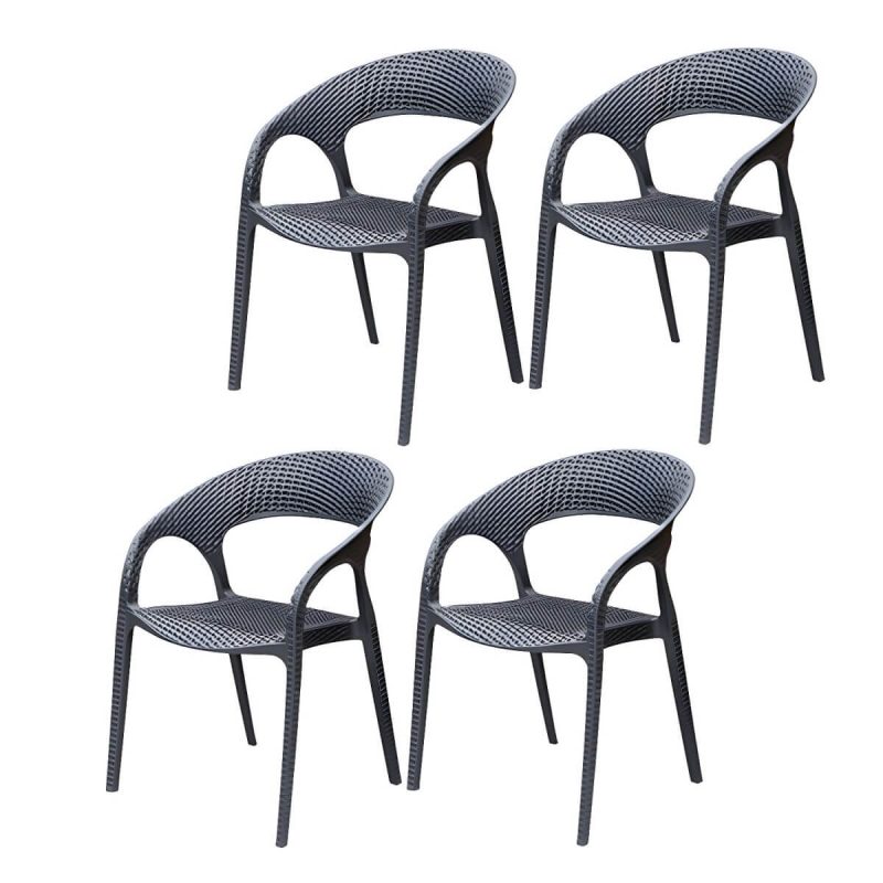 "Contemporary Black Plastic Outdoor Bistro Chairs with Arms and 4 Legs - 4 Piece Set"