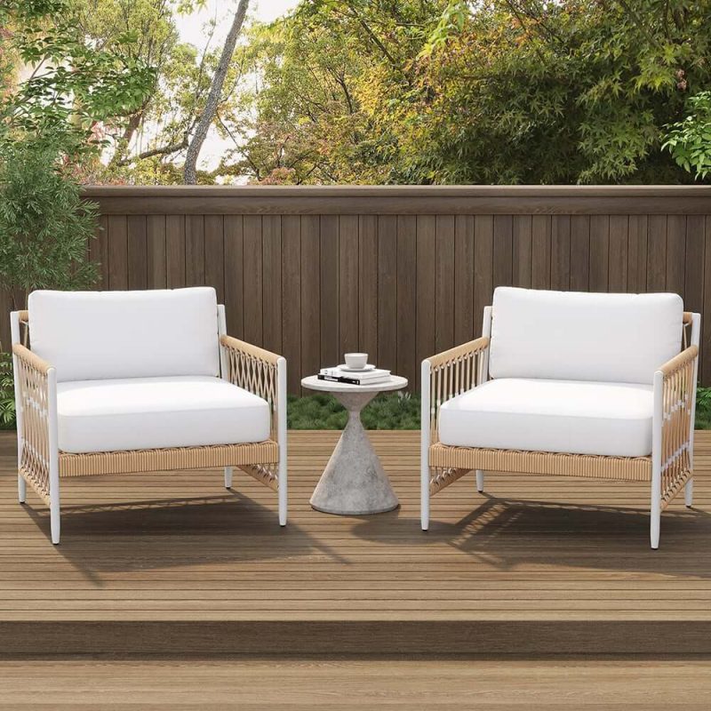 "Ropipe Outdoor Armchair with Hand Woven Rope & White Polyester Cushion"