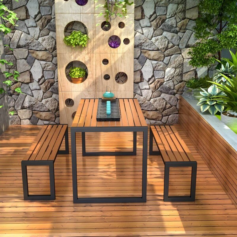 "Metal Modern Weatherproof Patio Dining Set with Stackable Chairs and Bench - Table & Bench(es) 2 Wood Color"