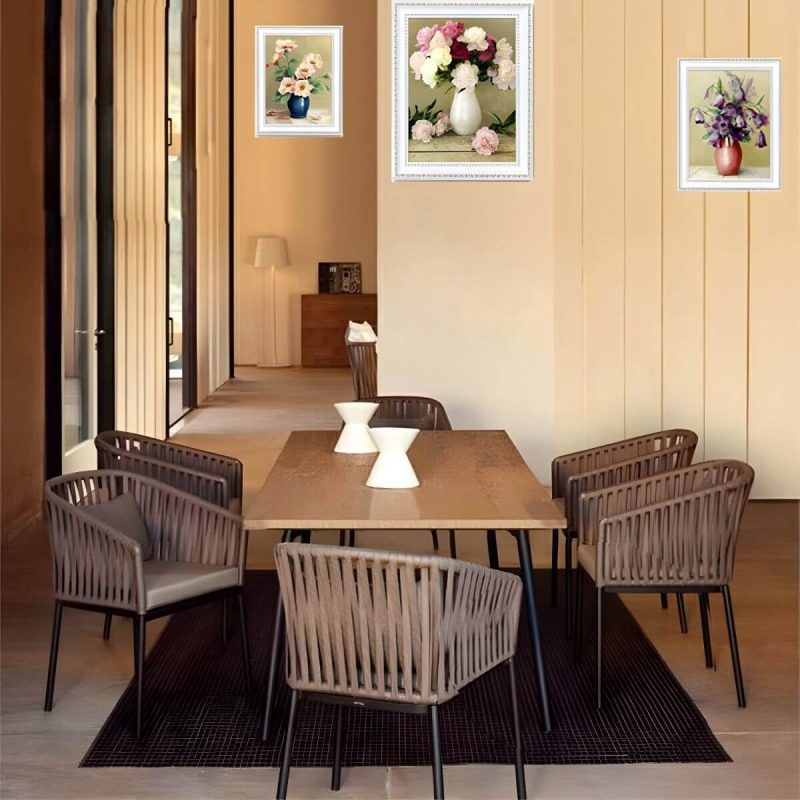 "Modern Metal Arm Chair with Brown Wicker Back and Rust-Resistant Steel Frame for Patio Dining - 6 Piece Set"