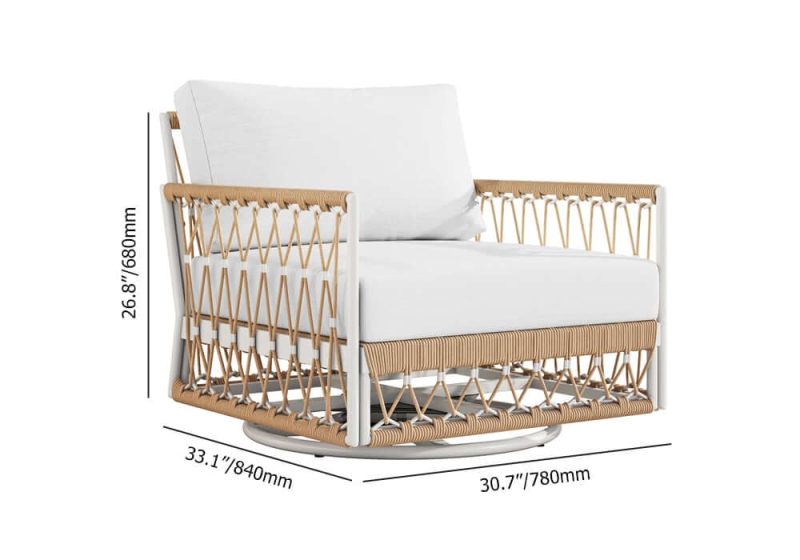 "Dimension of Ropipe Outdoor Swivel Chair with Hand Woven Rope in Khaki & White"