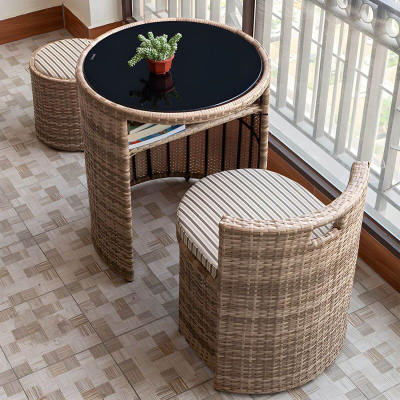 "Round Shape Dining Room Chair and Table Set with 2 Woven Chairs - Table & Chair(s) 2 Wood Color"