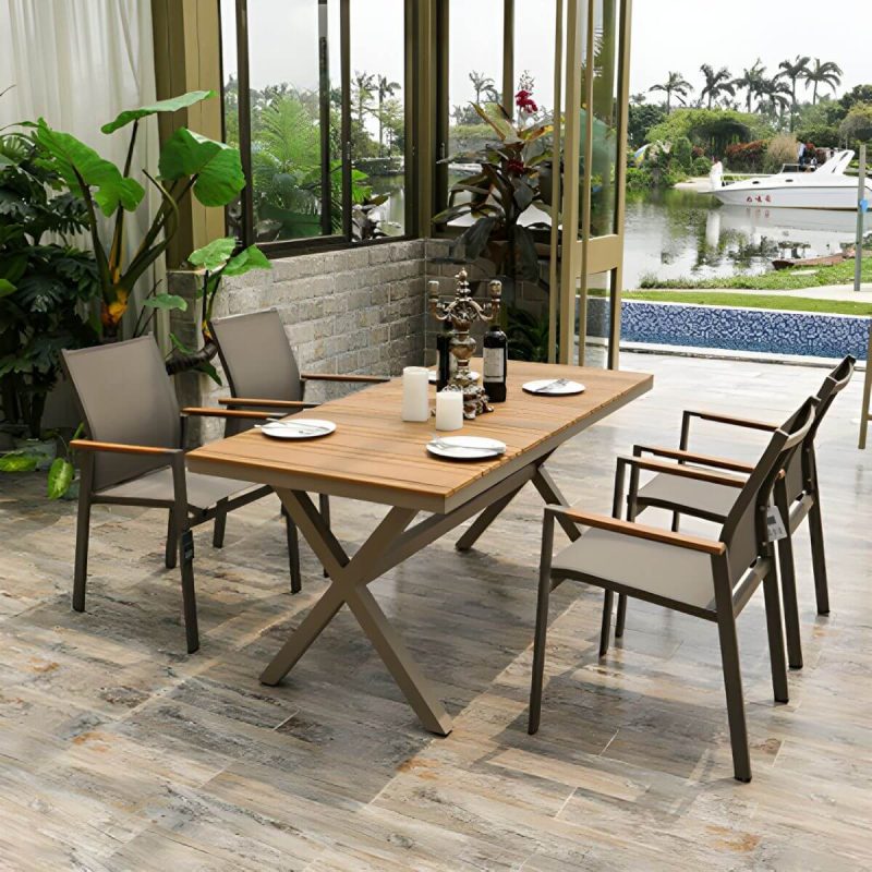 "Brown Wooden Patio Table Contemporary Style in Rectangular Shape - Table Only 63"L x 30"W x 28"H"