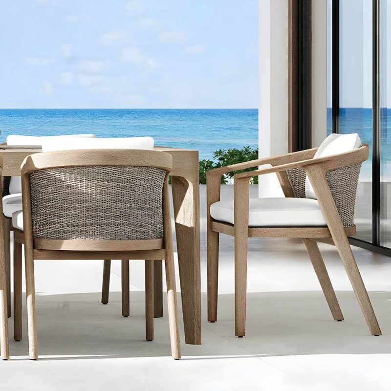 "Modern Brown Wood Side Chair with Wicker Back and Beige Cushions - 6 Piece Set Armless"