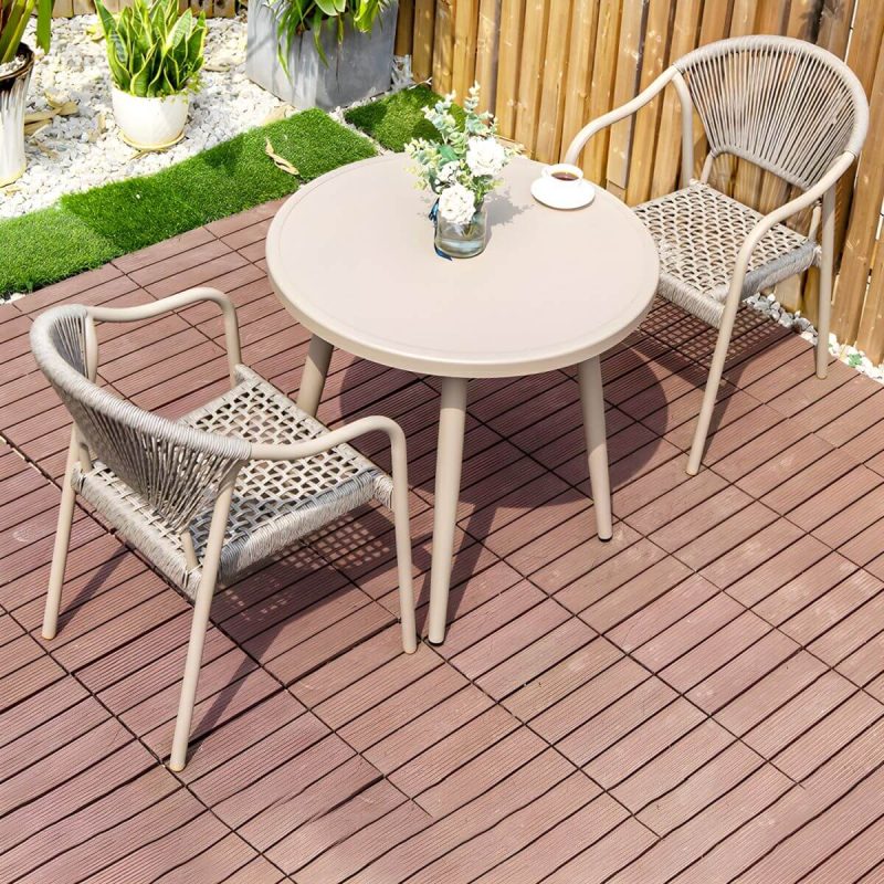 "Modern Stackable Brown Metal Arm Chair with Wicker Back for Patio Dining - 4 Piece Set"