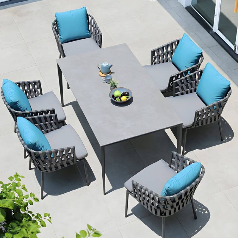 "Contemporary Dining Table Set with Woven Chairs for Courtyard - Table & Chair(s) 160 x 90 x 74 cm 6"