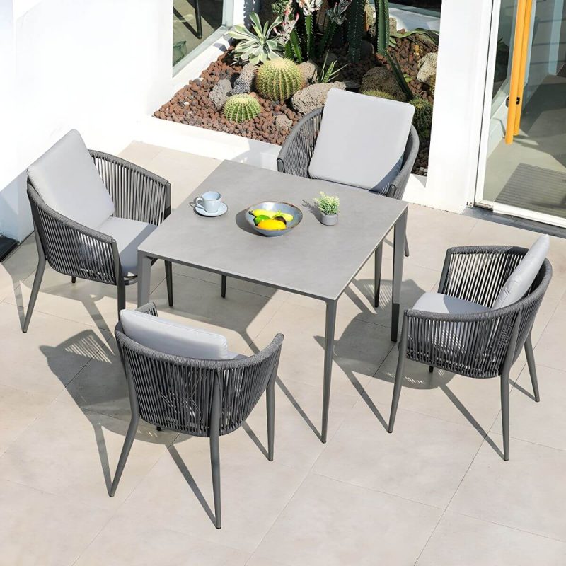 "Contemporary Dining Table Set with Woven Chairs for Courtyard - Table & Chair(s) 90 x 90 x 75 cm 4"