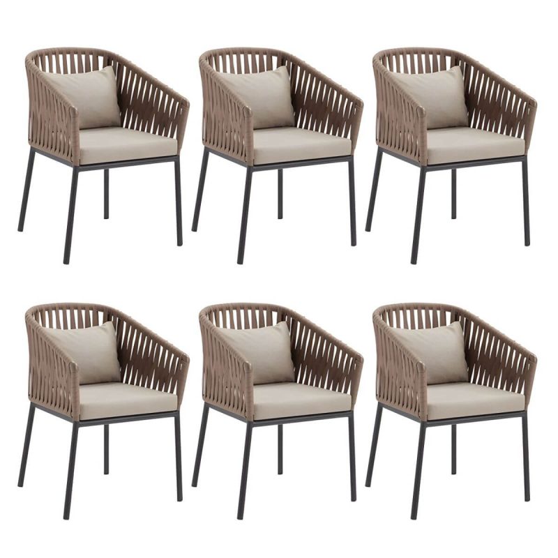 "Modern Metal Arm Chair with Brown Wicker Back and Rust-Resistant Steel Frame for Patio Dining - 6 Piece Set"