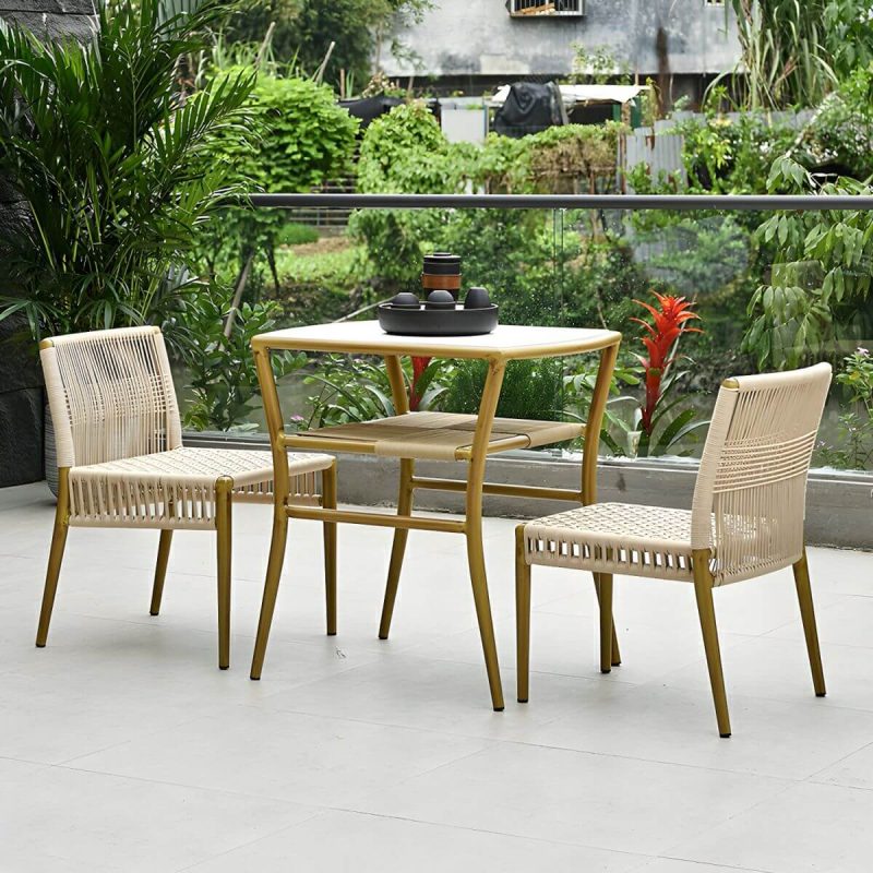 "Contemporary Dining Table Set with 2 Woven Chairs for Courtyard - Table & Chair(s) 2 Wood Color"