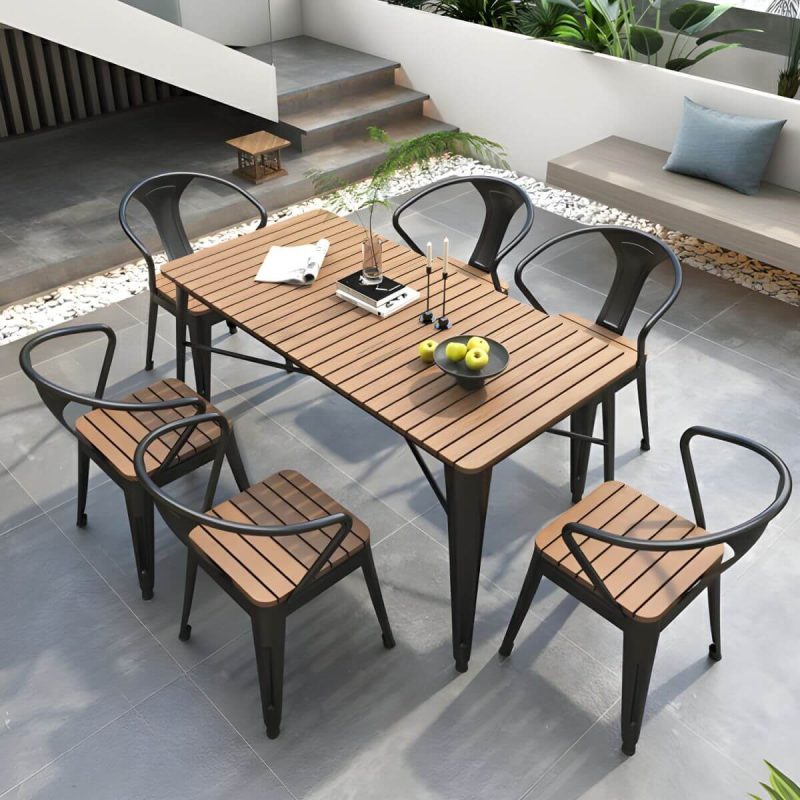 "Contemporary Style Wood Patio Table Rectangle Shape with Metal Legs in White/Black - Table Only 47.2"L x 23.6"W x 29.5"H Black"