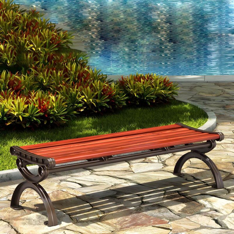 "Wood and Metal Outdoor Bench Mid-Century Modern Outdoor Picnic Bench - 59"L x 17"W x 16"H Orange Red"