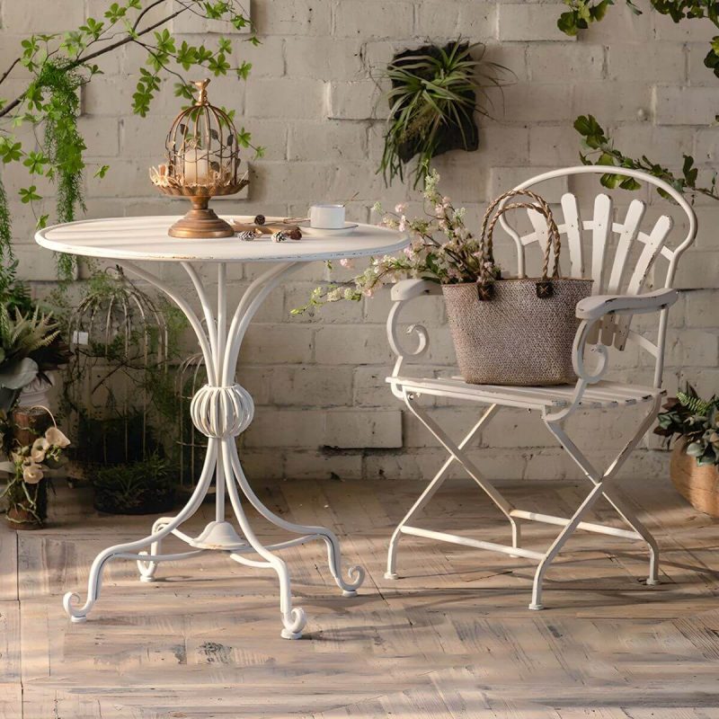 "Iron Round Dining Table French Country Round Patio Table in White - Table Only 31"L x 31"W x 32"H"