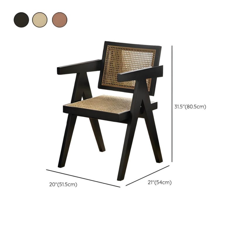 "Dimension of Vine Woven Modern Courtyard Dining Chairs solid Wood Frame for Outdoor - Walnut With Arms"