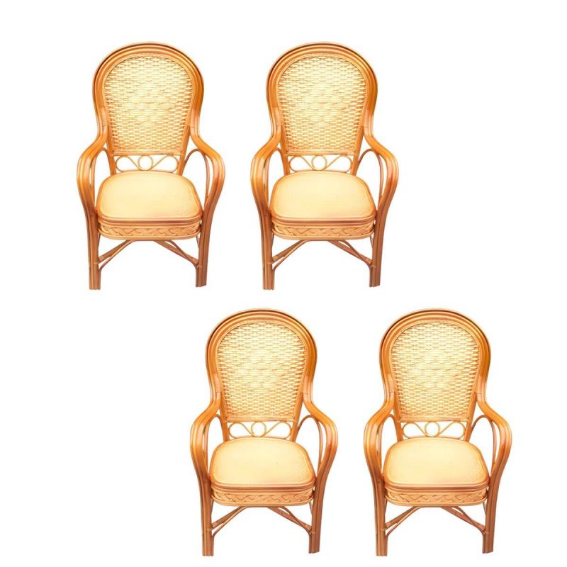 "Traditional Patio Dining Armchair in Rattan Single Outdoor Chair - Brown/ Yellow Rattan Weaving 4 Piece Set"