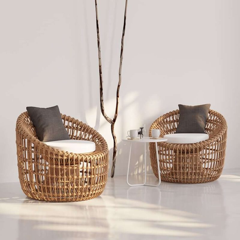 "Austen Rattan Outdoor Barrel Chair Nest Shape Sidechair with Cushion in Brown"
