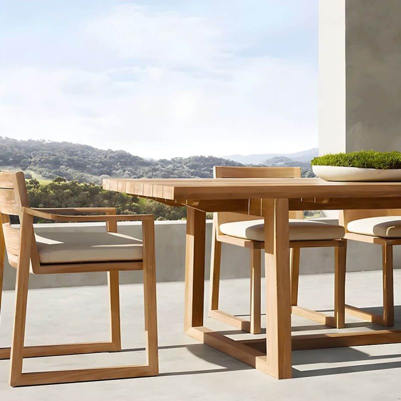 "Teak Wood Mid-Century Modern Patio Dining Set in Natural Finish - Table 59.1"L x 59.1"W x 29.5"H"