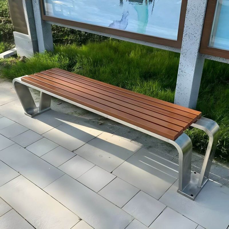 "Industrial Style Park Bench - Stainless Steel Frame, Brown Wood Seat, Water Resistant, Non-Foldable - Coffee"