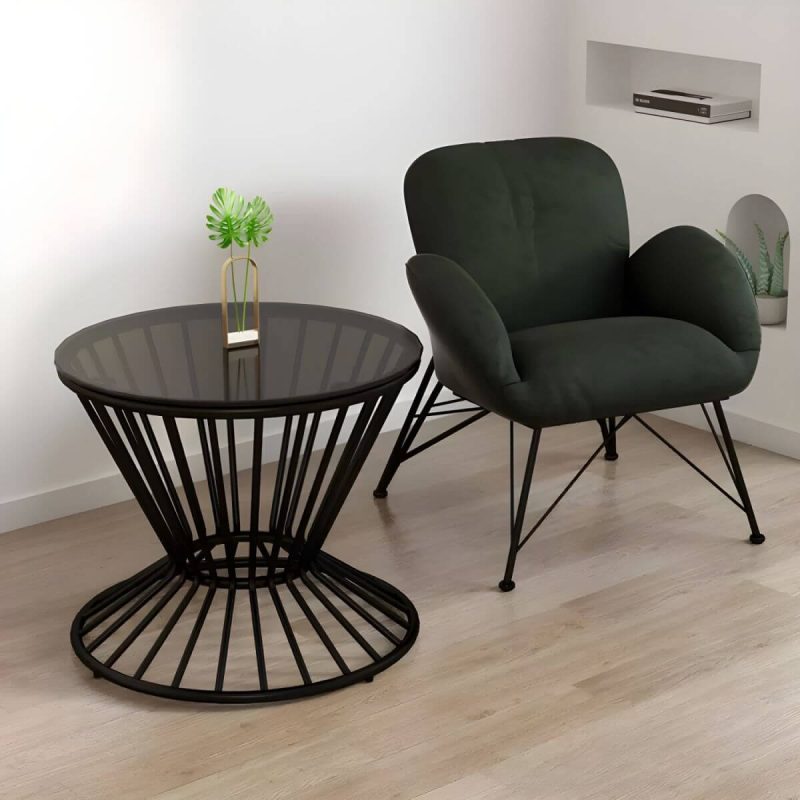 "Contemporary Outdoor Dining Table Furniture Set with Black Round Top for Courtyard - Table & Chair(s) 1 Army Green"