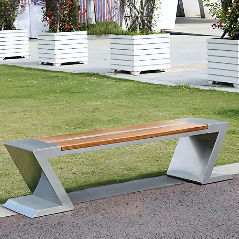 "Modern Garden Bench with Stainless Steel Frame and Waterproof Wood Seating - 56"L x 17"W x 18"H"