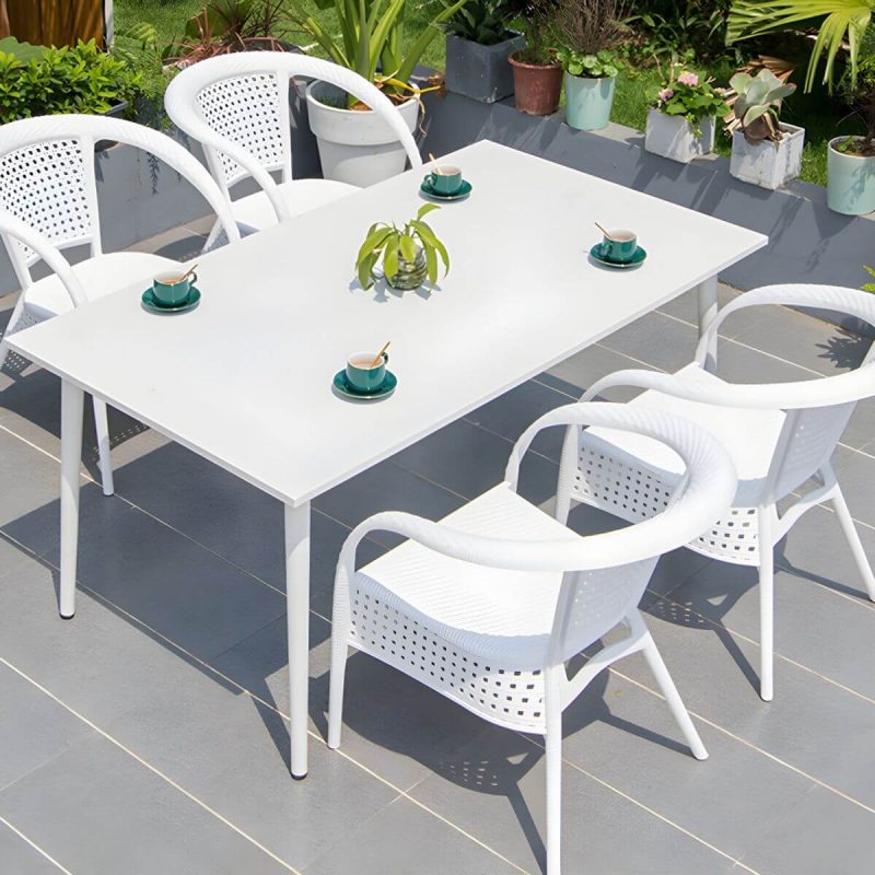 "Contemporary White Metal Dining Table Furniture Set with Chairs for Courtyard - Table & Chair(s) 63"L x 35.5"W x 28.3"H 4"
