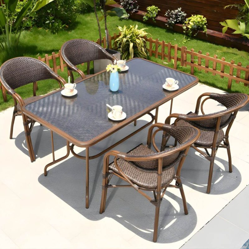"Contemporary Dining Table Set with Brown Woven Chair for Courtyard - Table & Chair(s) 47"L x 31"W x 29"H 6"