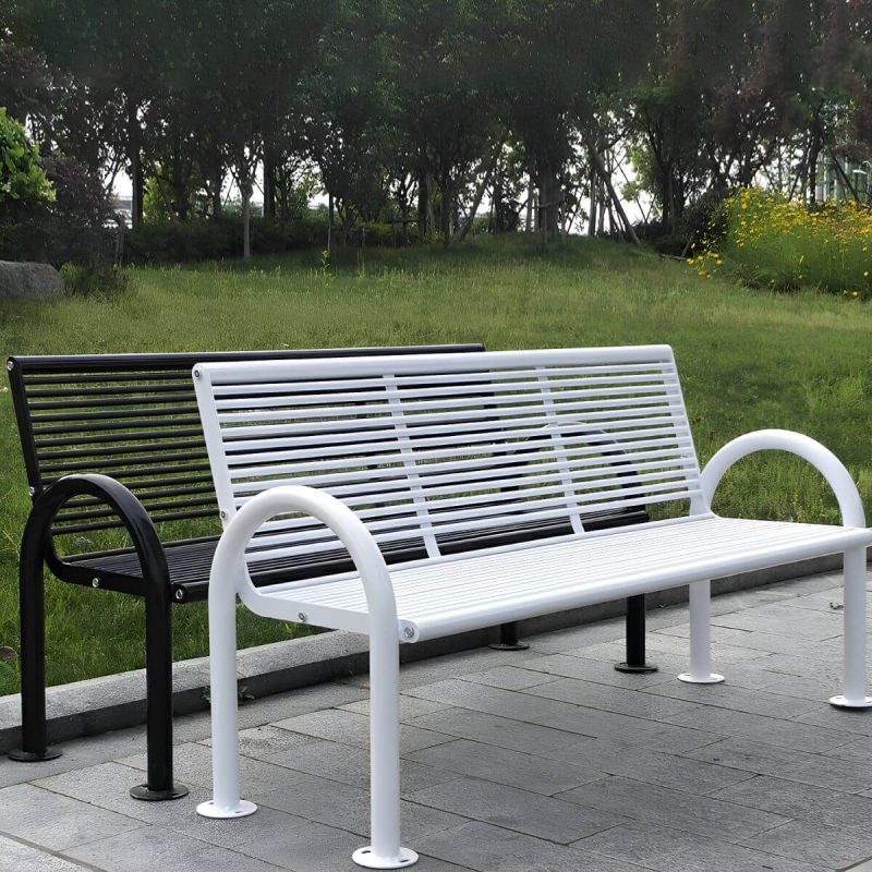 "Industrial Metal Park Bench with Waterproof Durability, Arms, and Back - Black"