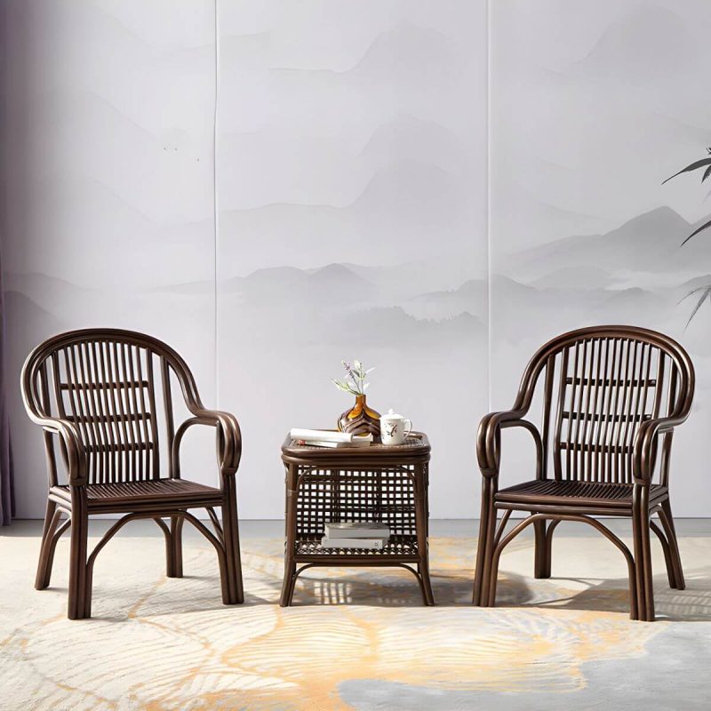 "Traditional Rattan Natural/Black Patio Arm Chair with Water Repellent Finish Cushion - Natural Finish 6 Piece Set"