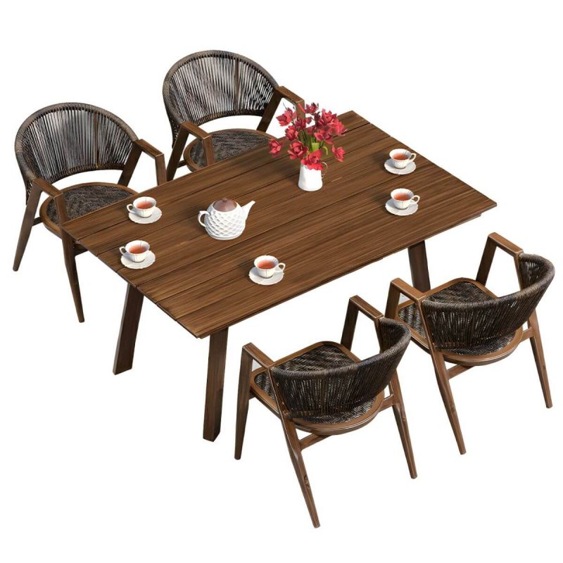 "Mid-Century Modern Metal Patio Dining Set with Non-Upholstered Wicker Chairs - Table & 4 Chairs 63"L x 39"W x 28"H Nut-Brown"