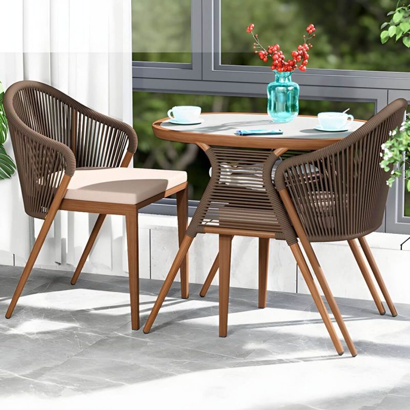 "Contemporary Dining Table Set with Oval Top and 2 Woven Chairs for Courtyard - Table & Chair(s) 2 Walnut/ White"