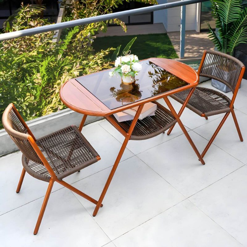 "Contemporary Table Furniture Set with 2 Woven Chair for Courtyard - Table & Chair(s) 2 Glass"