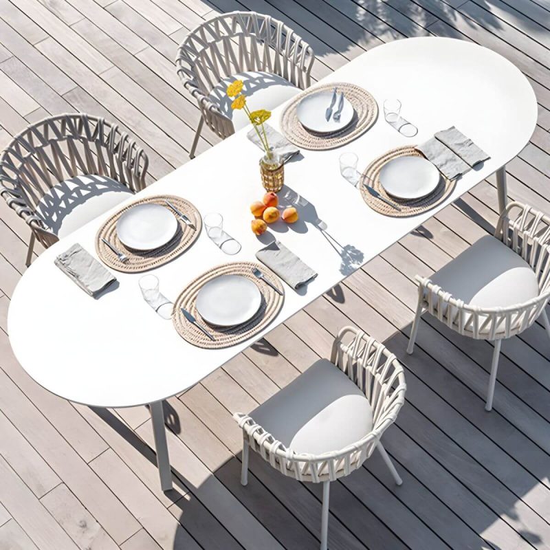 "Contemporary Style Stone Patio Table Oval Shape with Metal Legs in Grey/White - Table Only 78.7"L x 35.4"W x 29.5"H Gray"