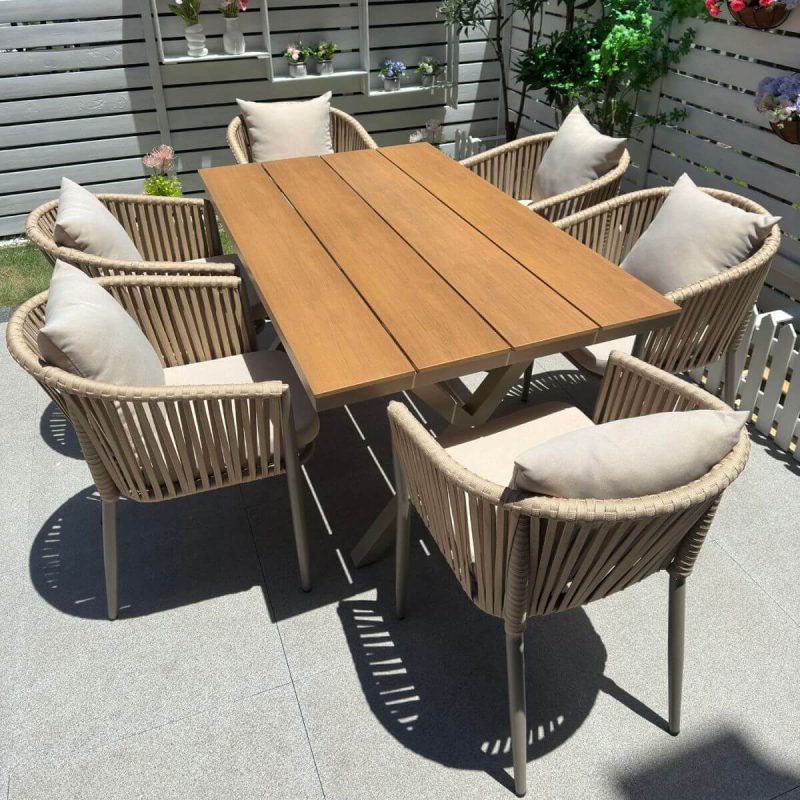 "Casual 7 Piece Set UV-proof Fabric Outdoor Dining Set with Sepia Table, Chair, and Table, 51.2"L x 35.4"W x 29.5"H, Table & 6 Chairs"