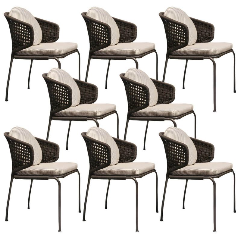 "Rattan Outdoors Dining Chair Tropical Metal Armchair Dining Side Chair - Rope Braid 8 Piece Set"
