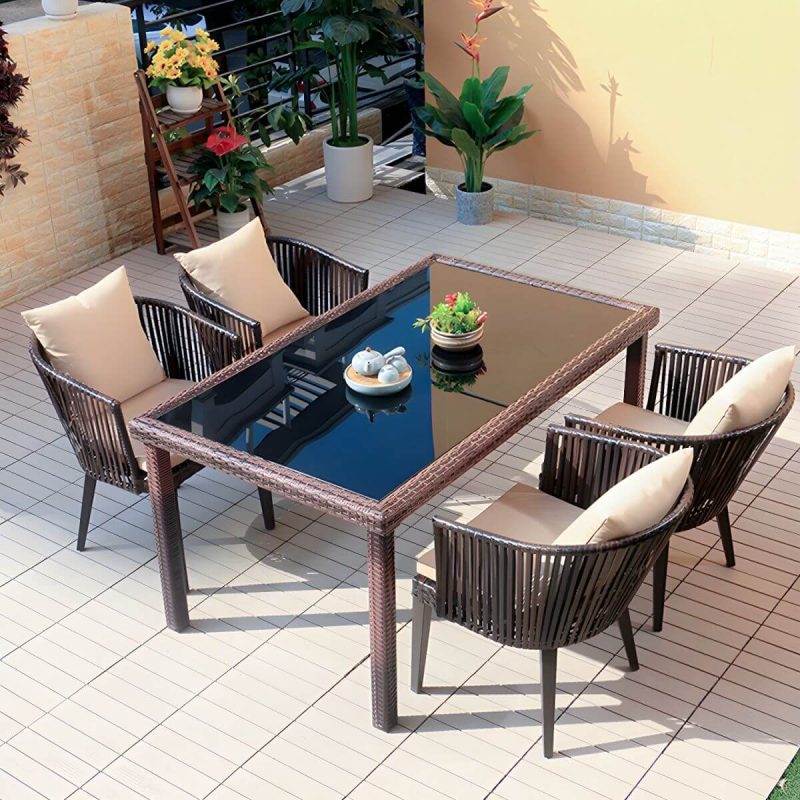 "Traditional Brown Wicker Arm Chair with Wicker Back for Patio Dining, UV Resistant and Non-Swivel - 8 Piece Set"