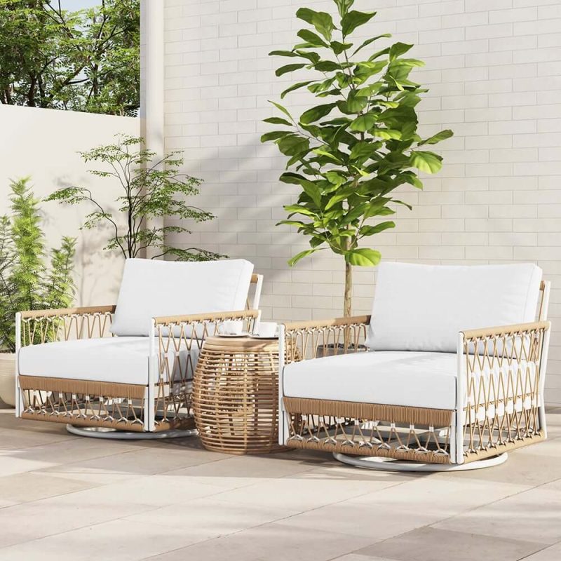"Ropipe Outdoor Swivel Chair with Hand Woven Rope in Khaki & White"
