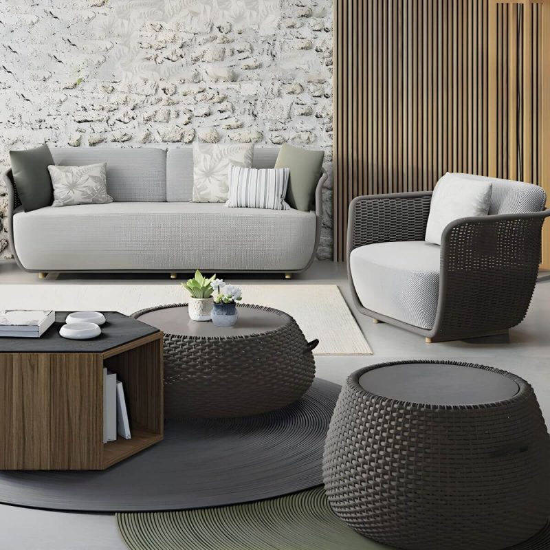 "Waterproof Wicker/Rattan Modern Sofa with Upholstered Cushions and Pillows - Teak Frame - Apricot 1-Seater Sofa"