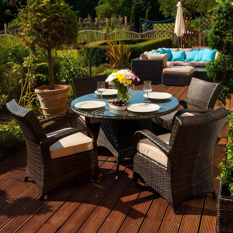 "Glass Brown Dining Table Set with Rattan Chairs for Courtyard - Table & Chair(s) 39.5"L x 39.5"W x 27.5"H 4 Coffee"