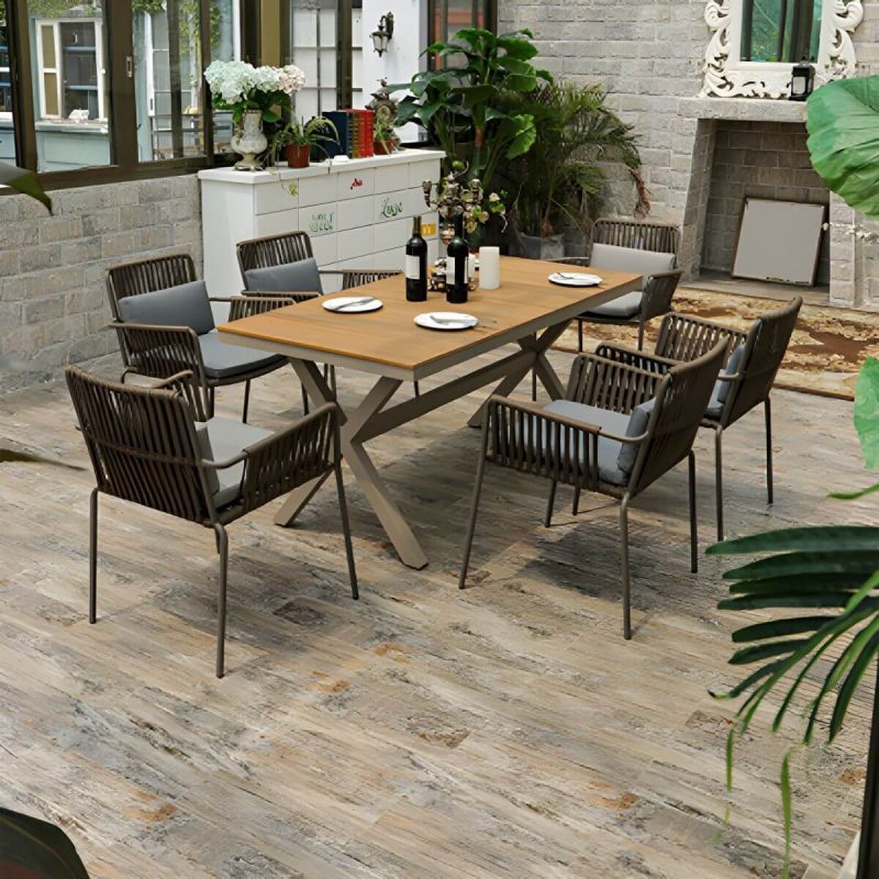 "Brown Wooden Patio Table Contemporary Style in Rectangular Shape - Table Only 63"L x 30"W x 28"H"