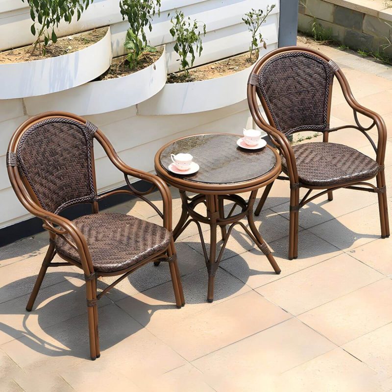 "Modern Brown Glass Top Patio Table Set Metal 4 Legs for Outdoor - Table & Chair(s) 23.6"L x 23.6"W x 29.5"H 2"