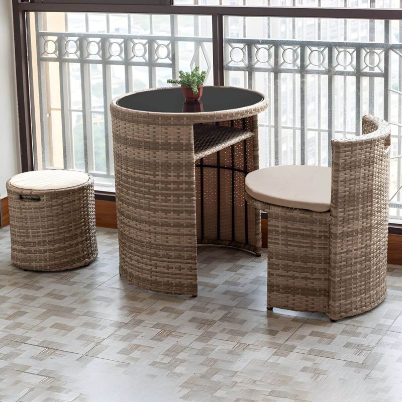 "Round Shape Dining Room Chair and Table Set with 2 Woven Chairs - Table & Chair(s) 2 Wood Color"