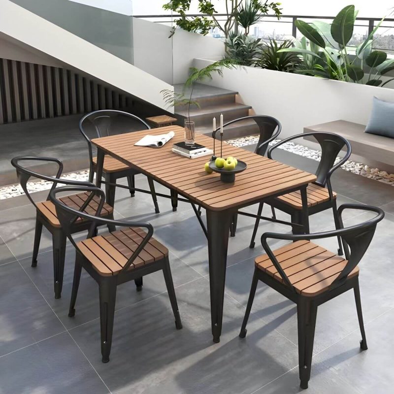 "Industrial Brown Wood Patio Dining Table without Umbrella Hole and UV Resistant Finish - 27.6"L x 27.6"W x 29.5"H Black Table Only"