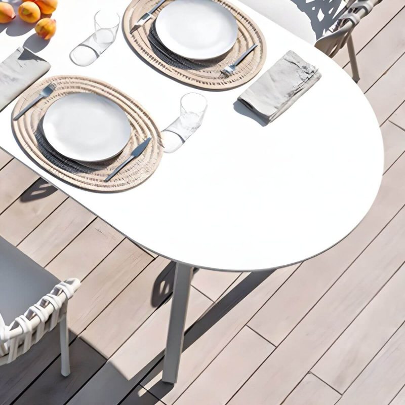 "Contemporary Style Stone Patio Table Oval Shape with Metal Legs in Grey/White - Table Only 78.7"L x 35.4"W x 29.5"H Gray"
