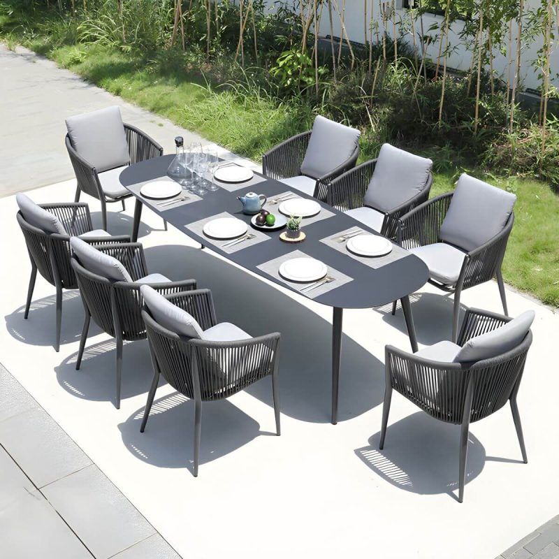 "Contemporary Dining Table Set with Woven Chairs for Courtyard - Table & Chair(s) 240 x 90 x 74 cm 8"