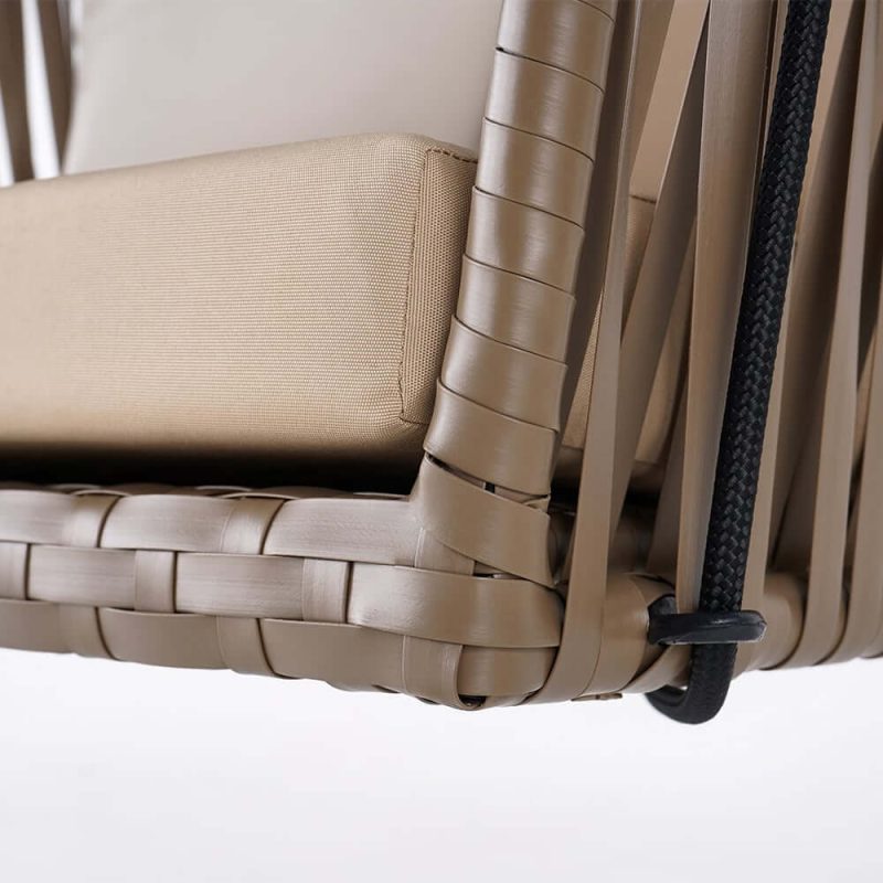 "Traditional Outdoor Hanging Chair Rattan Porch Swing Chair with Khaki Cushion Pillow"